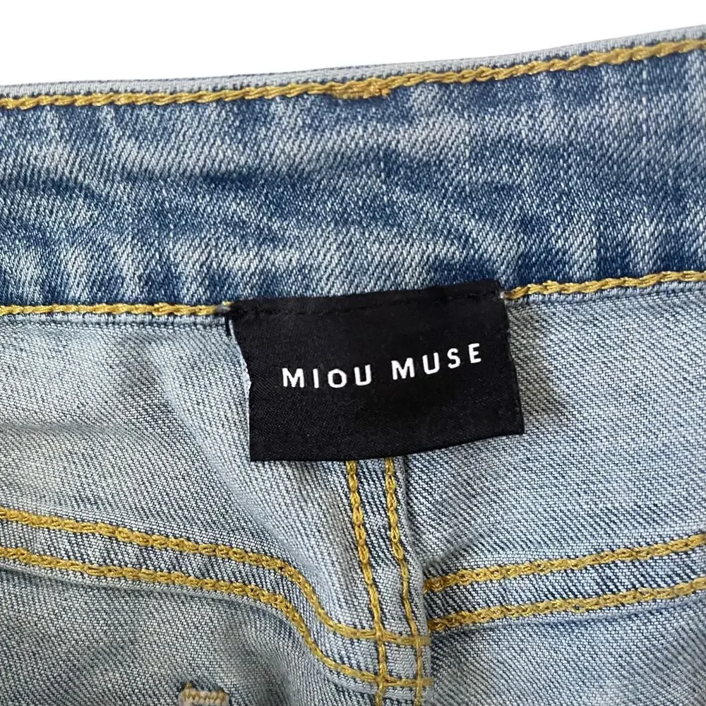 Miou Muse Barrel Jeans - Blue Denim - Wide Leg - Cropped - High-Rise - Size L